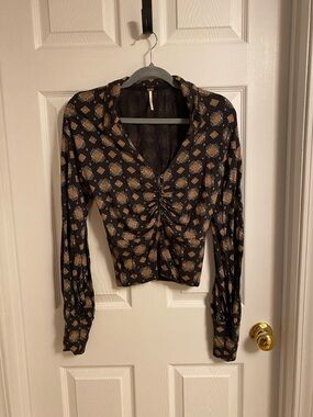 Free People Ruched Geometric-Print Long Sleeve Blouse